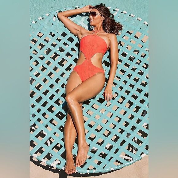 NWT-Trina Turk-Peach & gold- High Neck One Piece Swimsuit- side cut outs-Size 12 - Picture 3 of 16